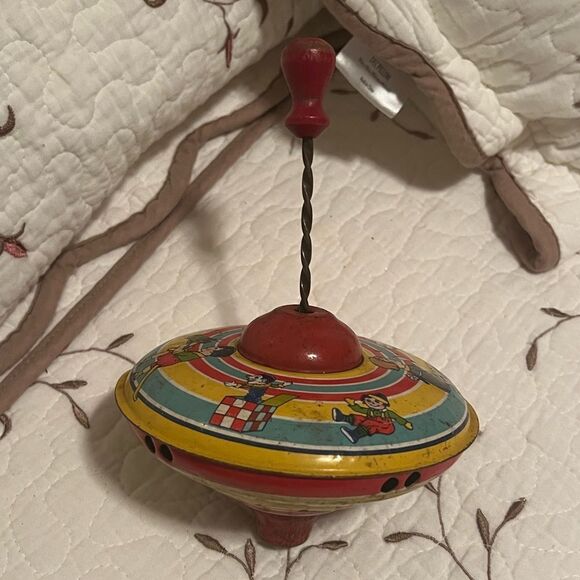 Vintage 1930s Spinning Top Toy Tin & Wood - Picture 4 of 13